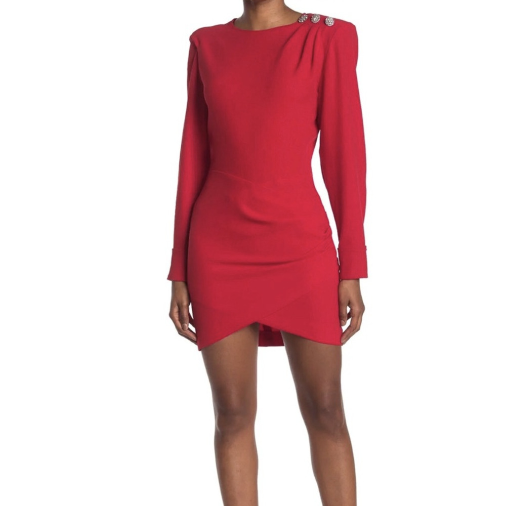 ba&sh Sloane Red Ruched Long Sleeve Cocktail Party Dress Size 2 Mini Embellished